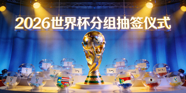 2026世界杯分组抽签仪式概念图，巨大的世界杯奖杯模型